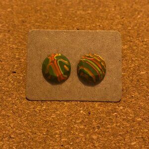 Handmade Faceted Marble-Style Stone Earrings- Olive, Orange & Yellow- Steel Stud